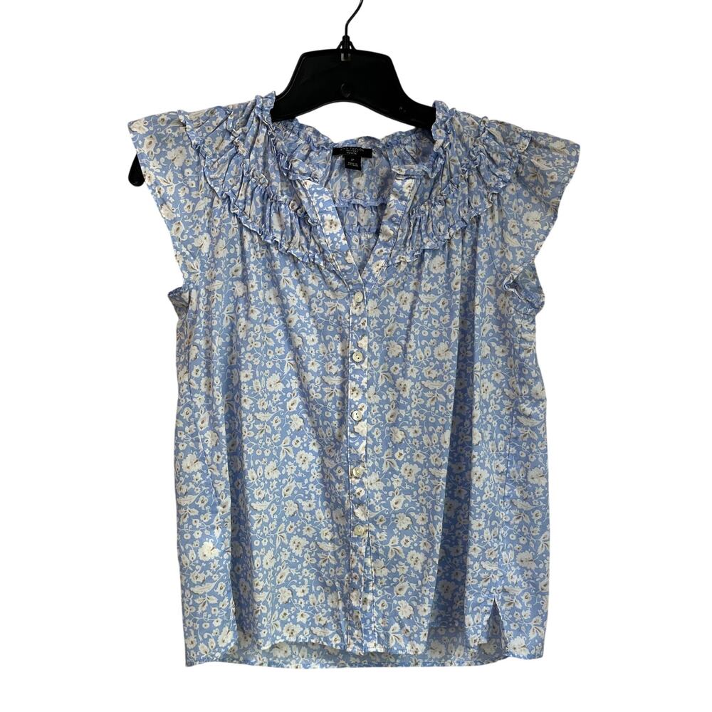 Ann Taylor Blue Floral Ruffle‎ Neck Blouse S Petite Button Down Feminine Chic